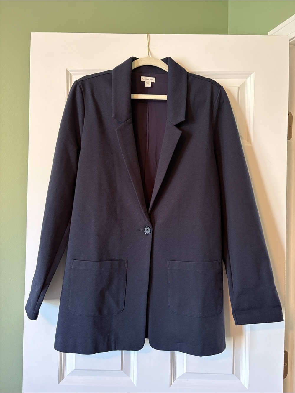 Garnet Hill Navy Blue Knit Relaxed Single Button Boyfriend Blazer in Women's 12
